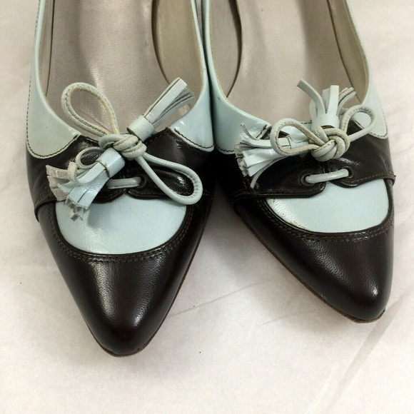 FURLA Pump Two Tone Bow Tassel Leather Brown Blue - Picture 6 of 8